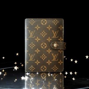 💕VINTAGE LOUIS VUITTON Brown Monogram Ring Agenda Cover Medium Gold-Tone UNISEX